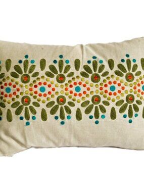 CRATE and  BARREL Embroidered Lumbar Pillow  Boho Linen Cotton 17 x 11 inches